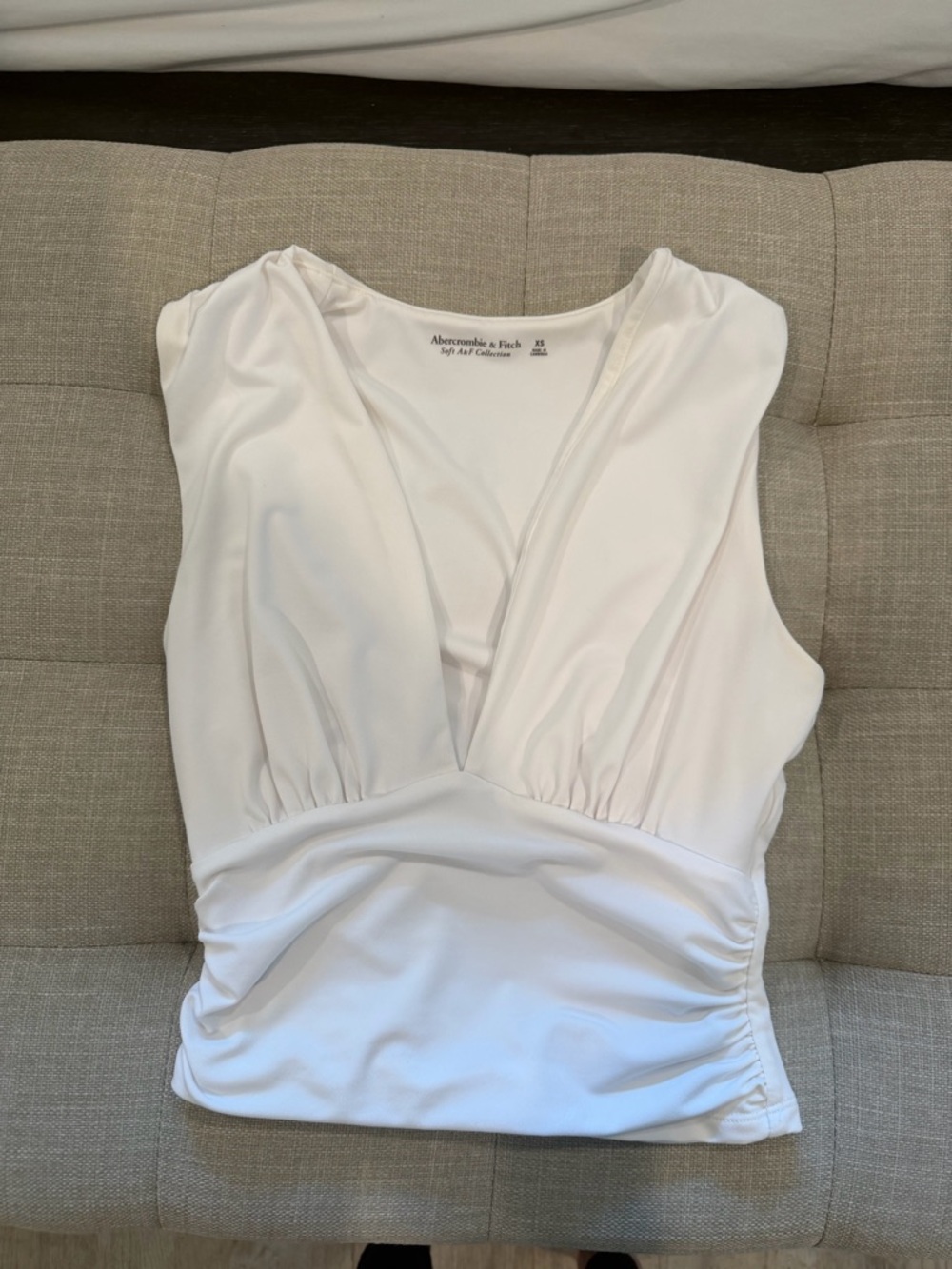 Abercrombie & Fitch White V-Neck Ruched Waist Tank Top
